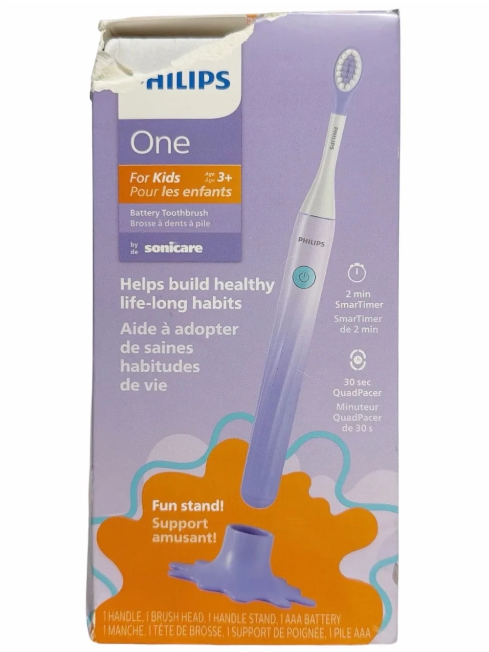 Philips One by Sonicare for Kids Battery Toothbrush for Ages 3+ ~ Purple ~ NIB